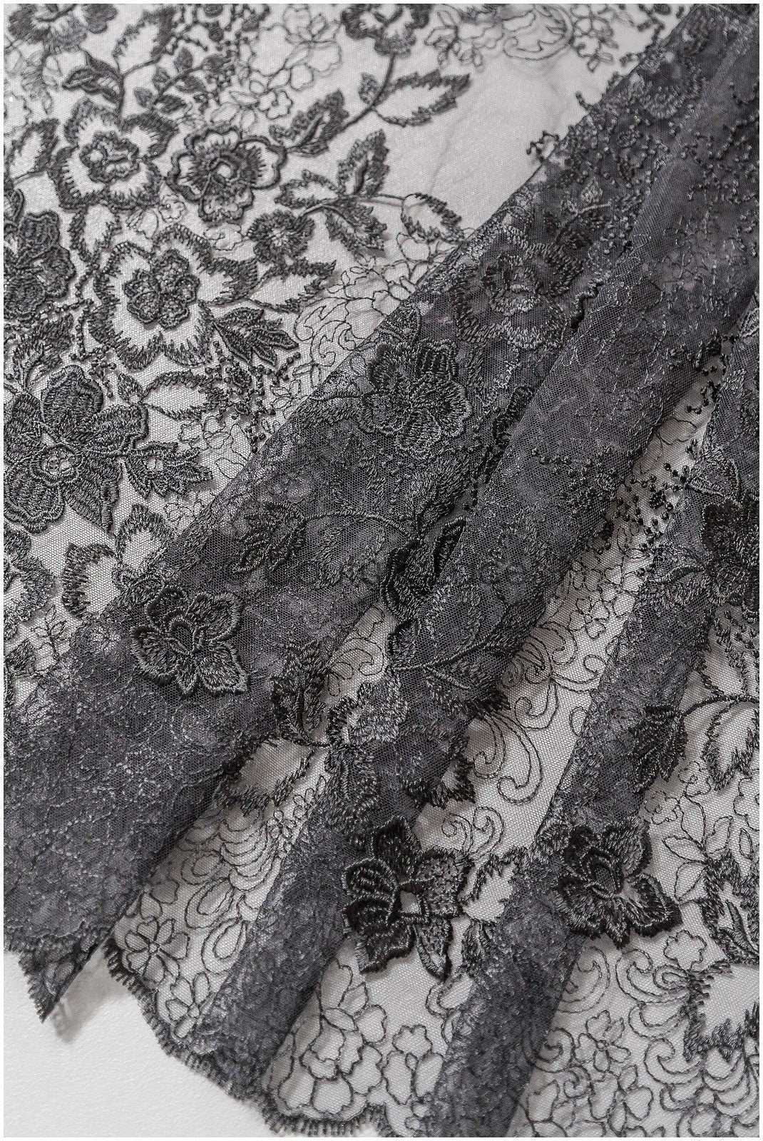romantic black bridal lace fabric with floral pattern/ floral couture lace fabric/ black bridal flower embroidered lace// L22-433BL