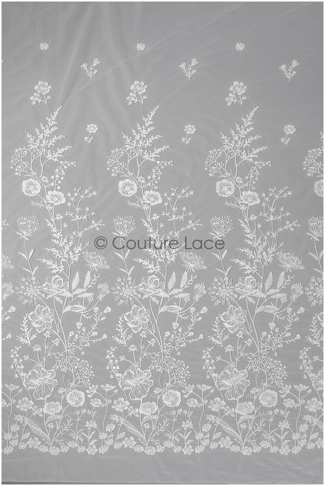 Wildflower lace fabric off-white/ Bridal couture lace fabric with pearls & sequins/ Bridal lace with branches & leaves// L22-435
