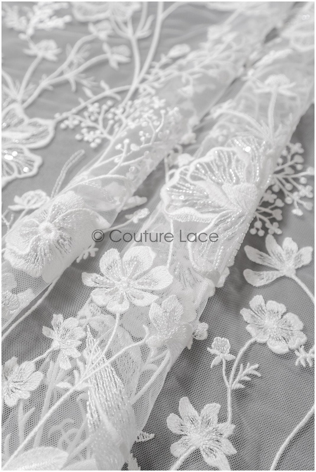 Wildflower lace fabric off-white/ Bridal couture lace fabric with pearls & sequins/ Bridal lace with branches & leaves// L22-435