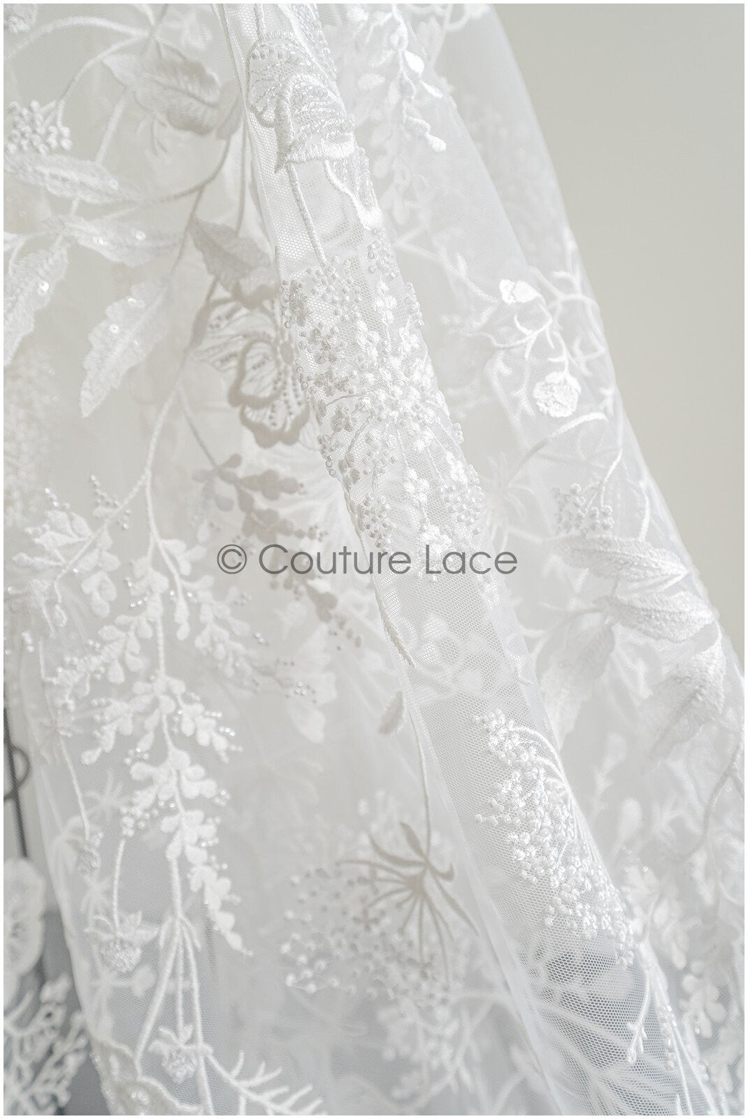 Wildflower lace fabric off-white/ Bridal couture lace fabric with pearls & sequins/ Bridal lace with branches & leaves// L22-435