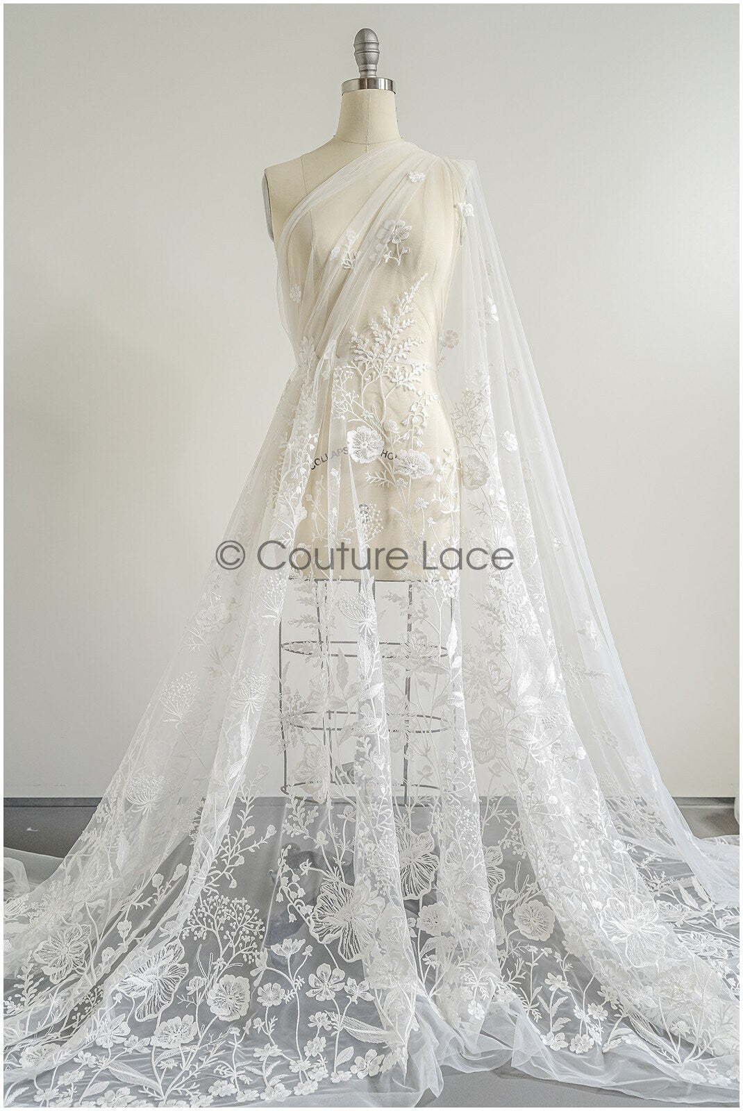 Wildflower lace fabric off-white/ Bridal couture lace fabric with pearls & sequins/ Bridal lace with branches & leaves// L22-435