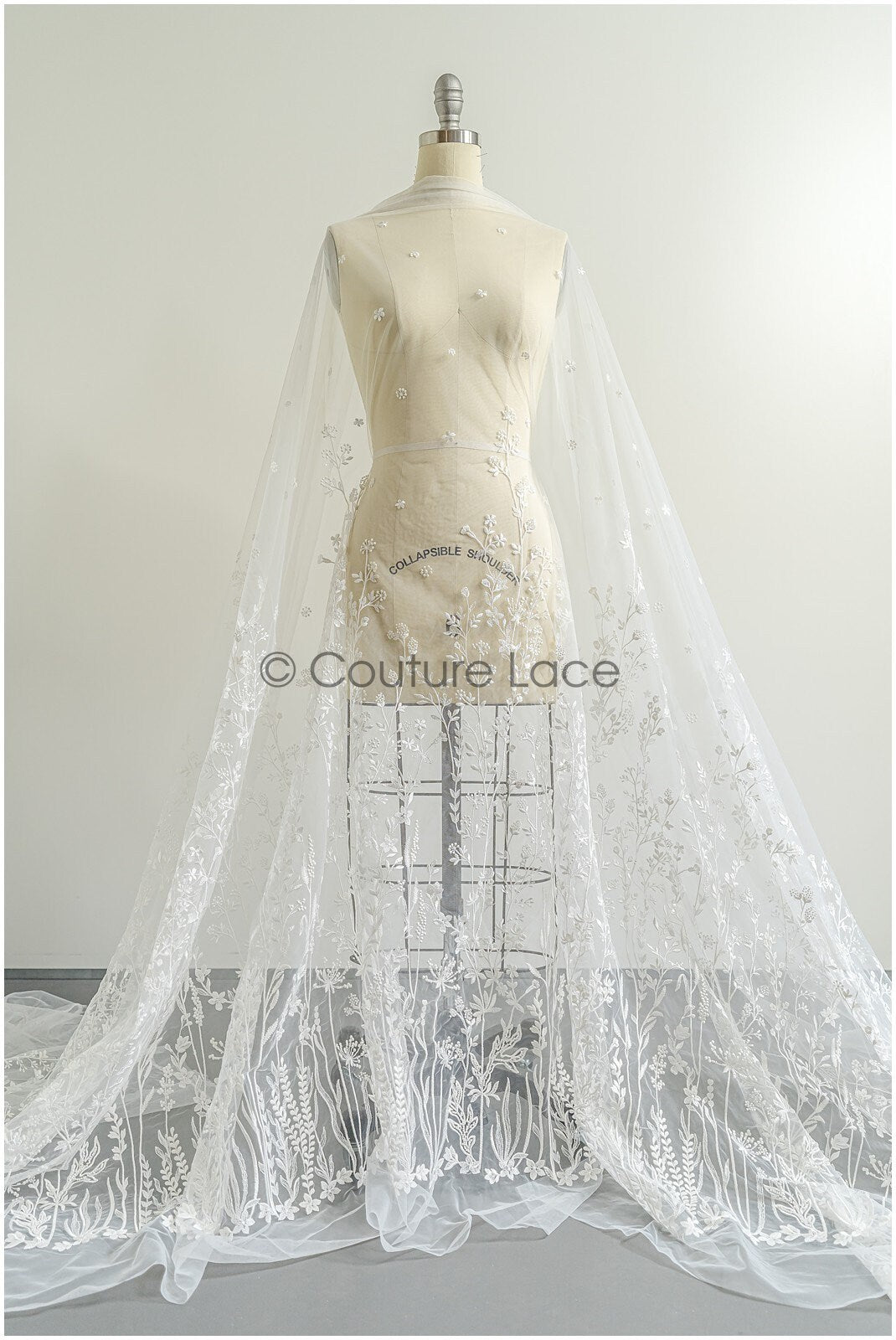 Wildflower lace fabric off-white/ Bridal wildflower couture lace fabric with pearls/ Bridal lace with branches & leaves// L22-436