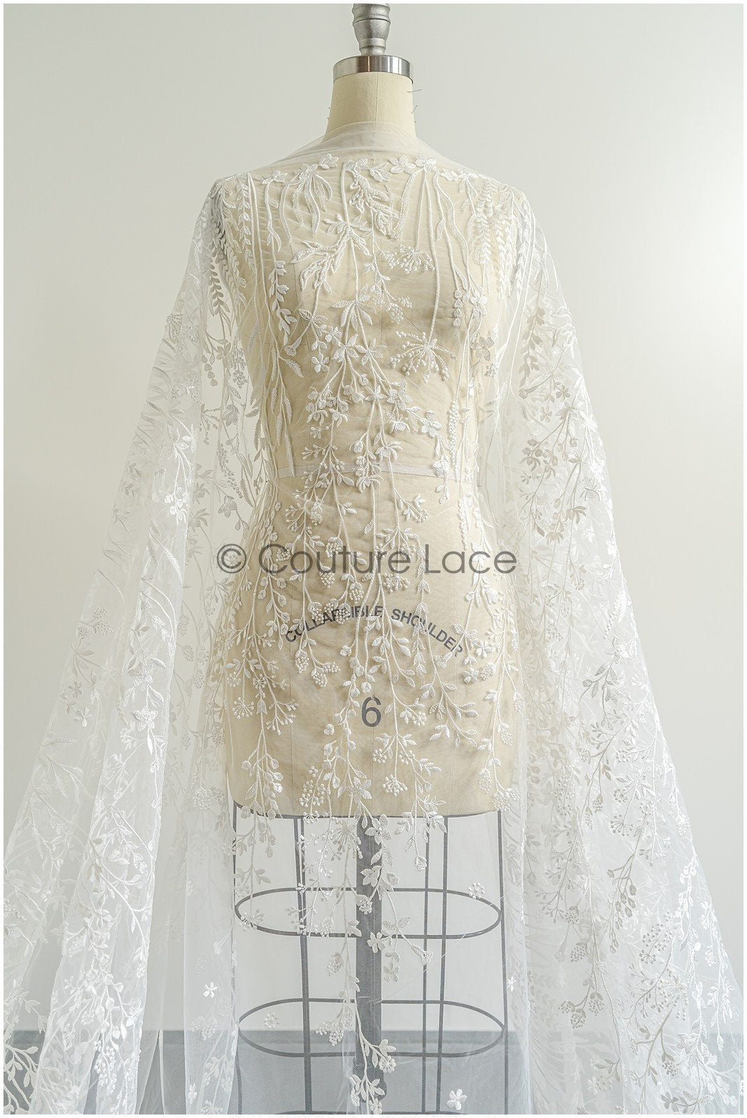 Wildflower lace fabric off-white/ Bridal wildflower couture lace fabric with pearls/ Bridal lace with branches & leaves// L22-436