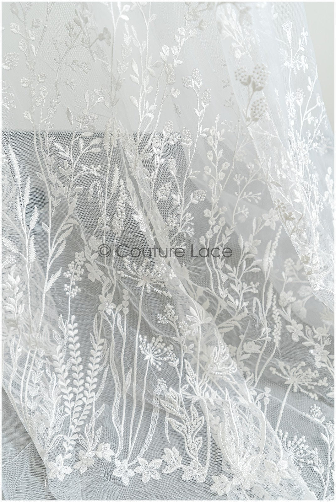 Wildflower lace fabric off-white/ Bridal wildflower couture lace fabric with pearls/ Bridal lace with branches & leaves// L22-436