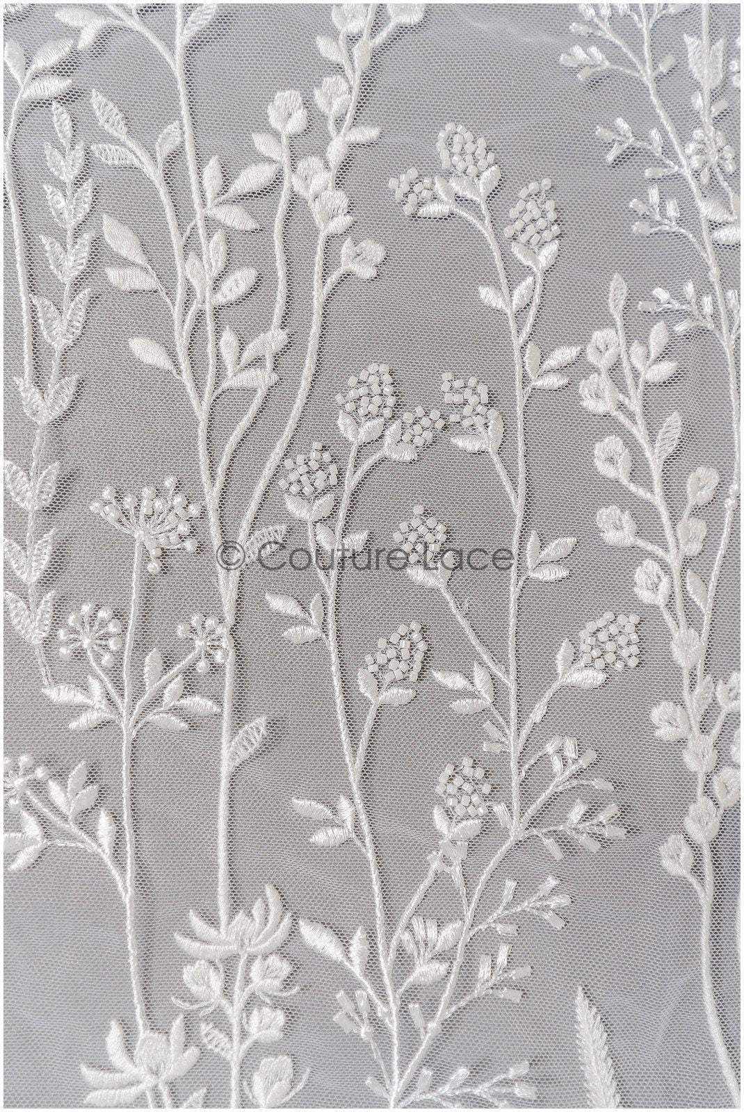 Wildflower lace fabric off-white/ Bridal wildflower couture lace fabric with pearls/ Bridal lace with branches & leaves// L22-436