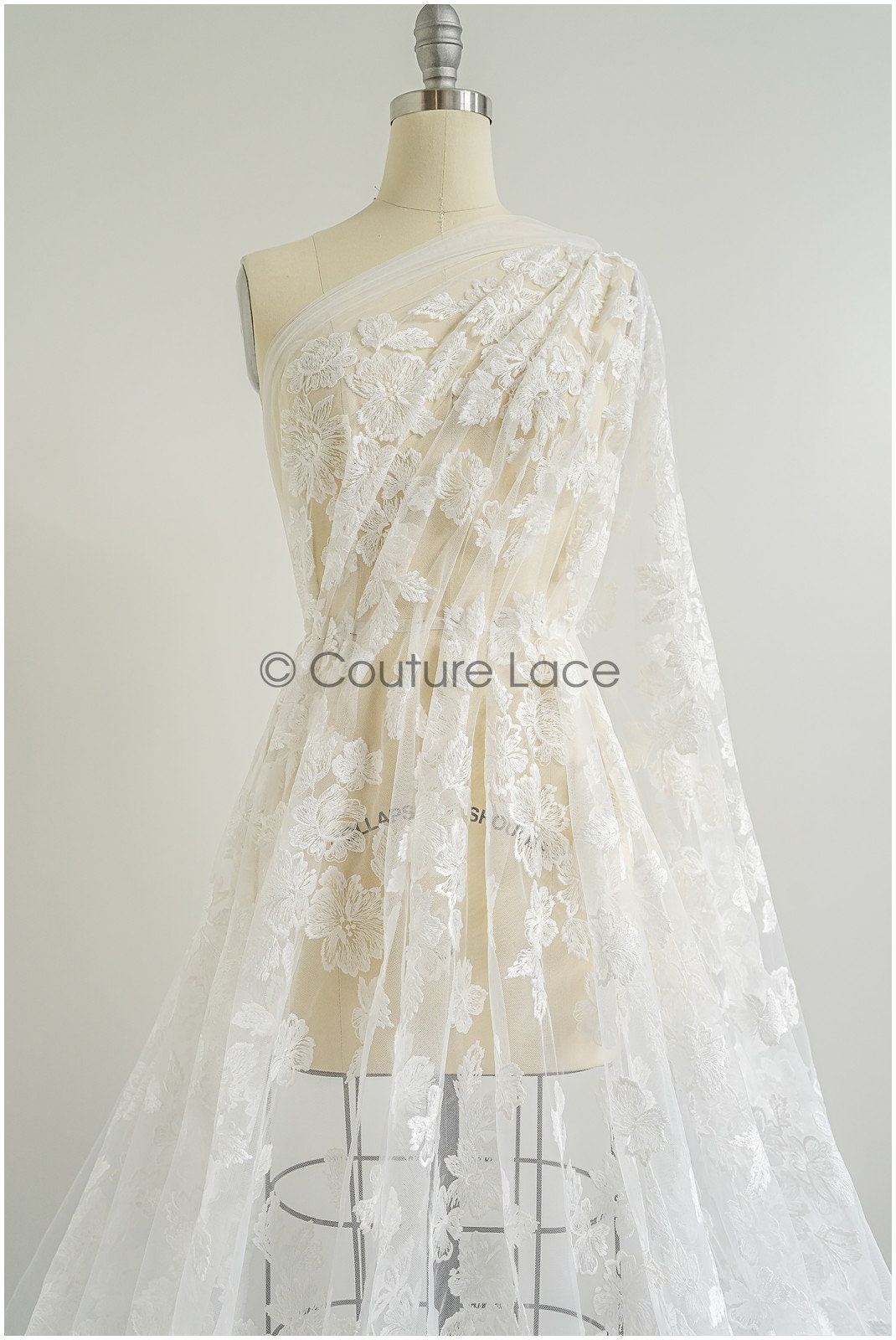 Beautiful lace fabric off-white/ floral tulle fabric/ couture lace fabric/ bridal lace// L22-439