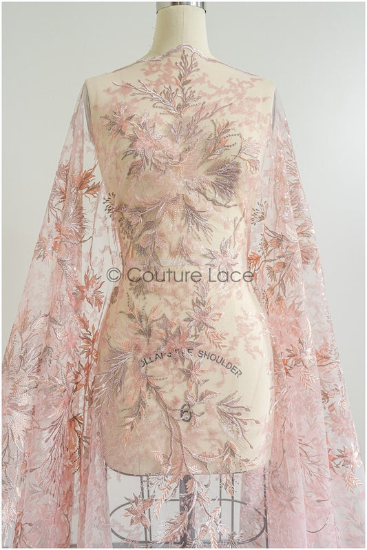 romantischer rosa-rosa Spitzenstoff mit floralem Muster/ floraler Couture Spitzenstoff/ lachsfarbener bestickter Spitzenstoff// L22-443