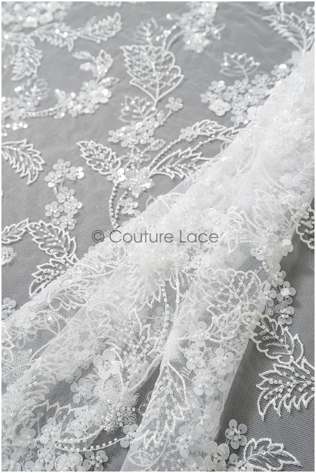 Floral pearl lace fabric off-white/ Couture lace fabric with pearls & sequins/ Bridal lace with flowers// L22-450