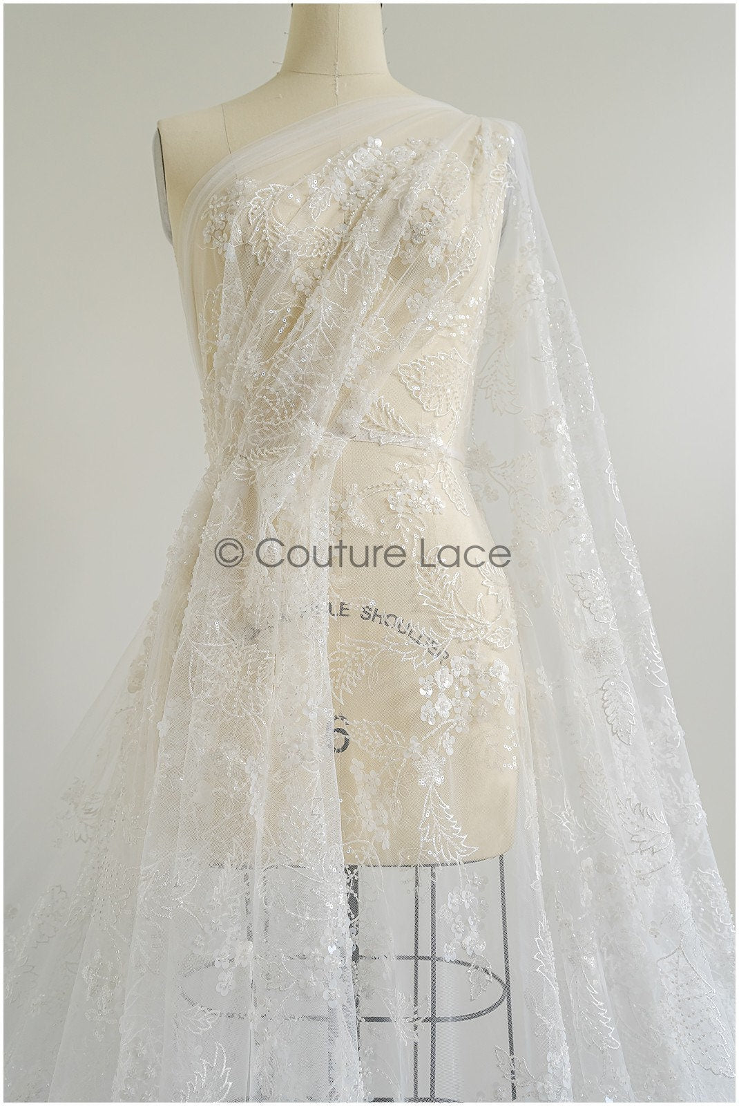 Floral pearl lace fabric off-white/ Couture lace fabric with pearls & sequins/ Bridal lace with flowers// L22-450