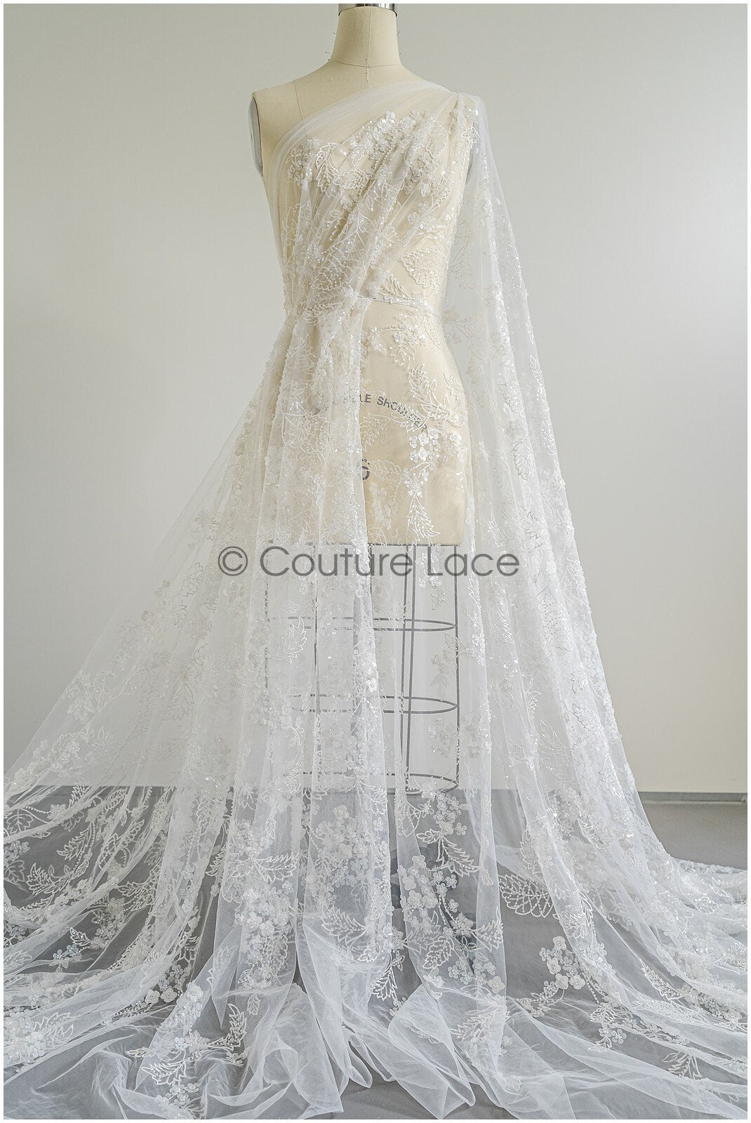 Floral pearl lace fabric off-white/ Couture lace fabric with pearls & sequins/ Bridal lace with flowers// L22-450