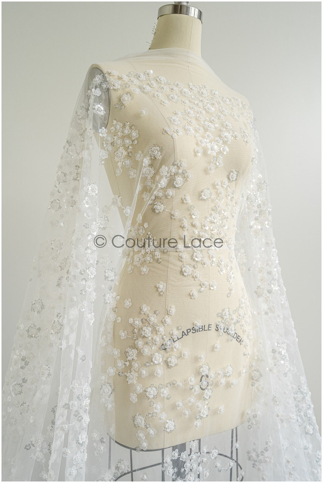 Floral pearl lace fabric off-white silver/ Bridal lace fabric with pearls & sequins/ Bridal lace with flowers// L22-451