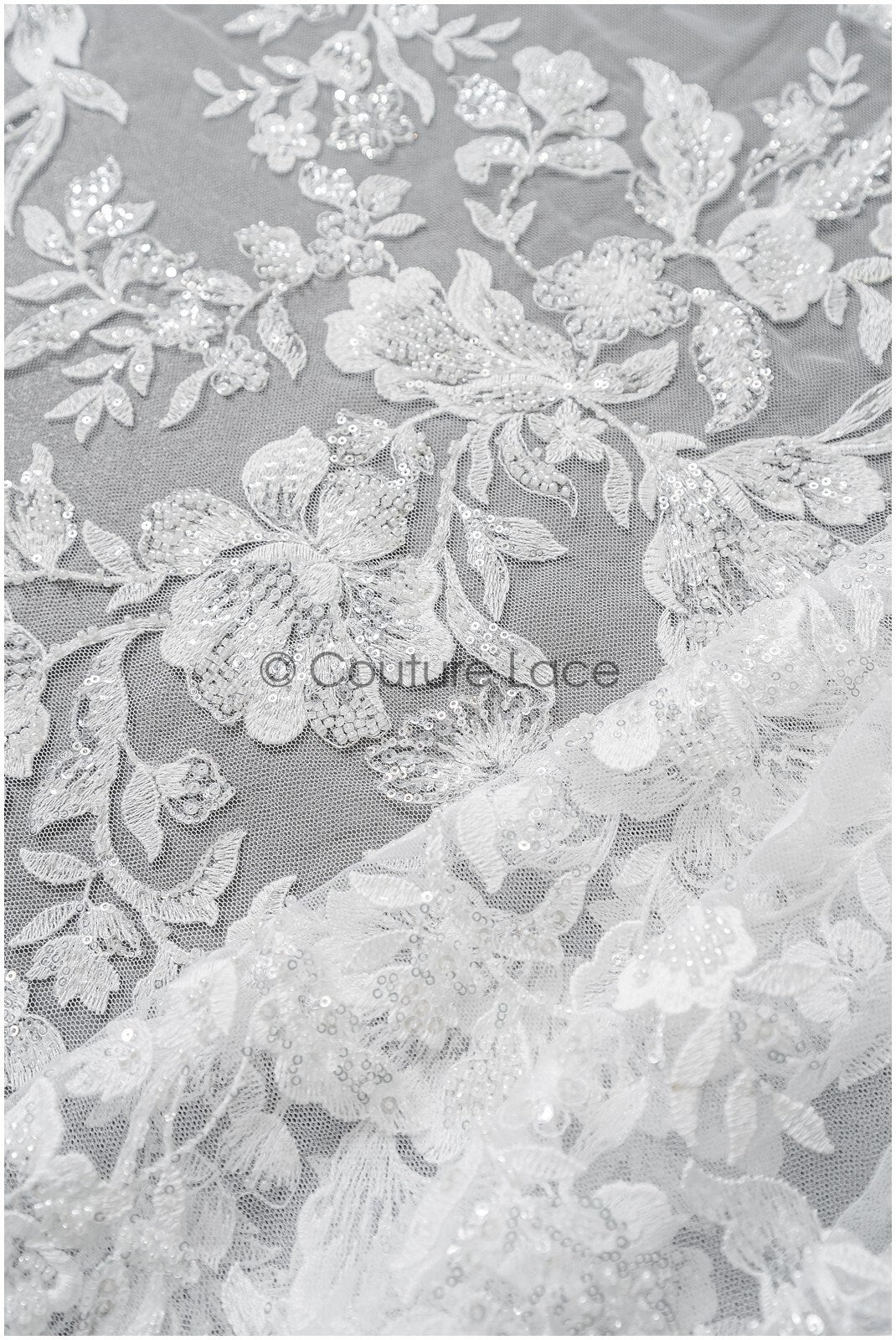 Floral lace fabric with pearls & sequins/ Bridal lace off-white/ Bridal lace with pearl flowers// L22-457
