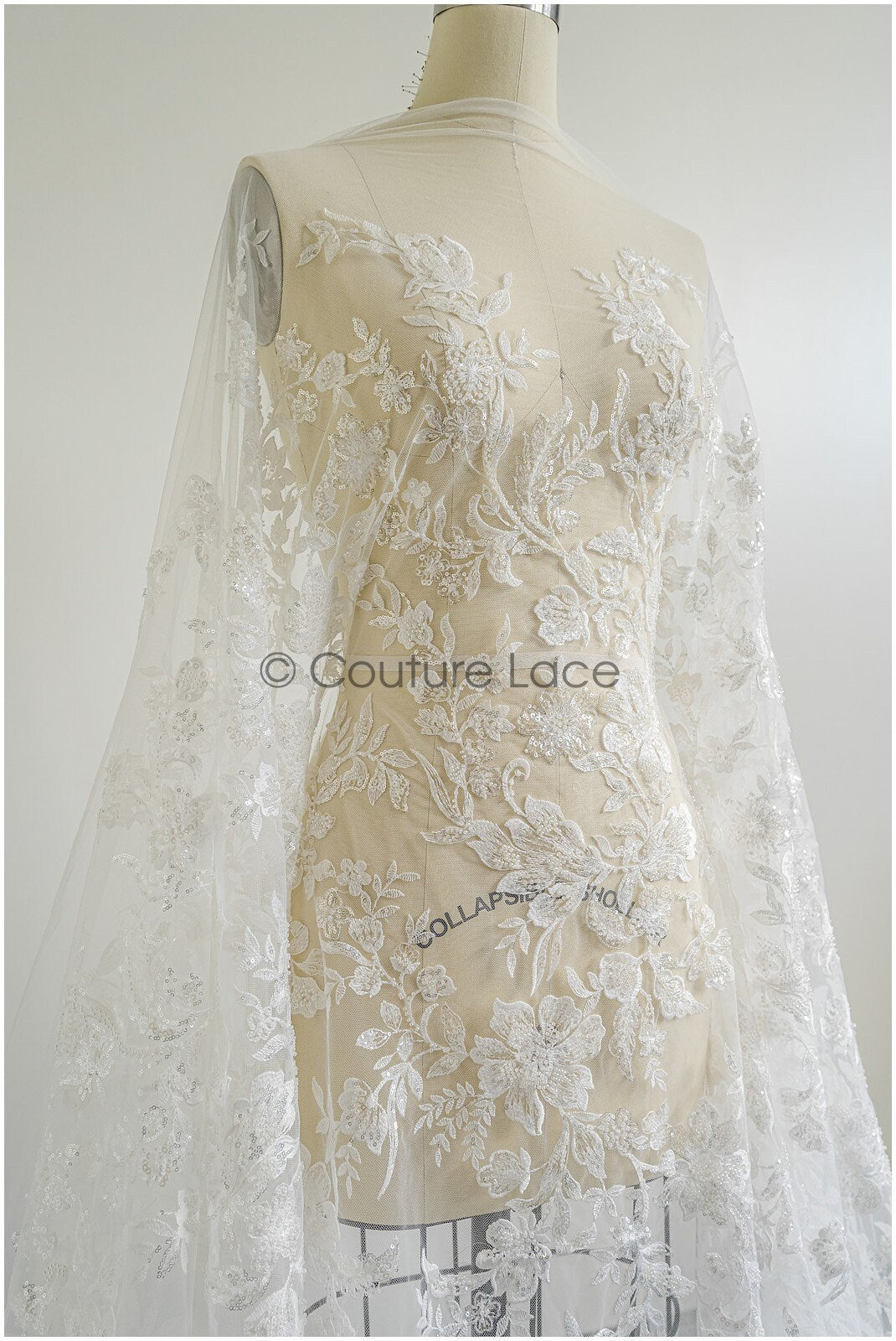 Floral lace fabric with pearls & sequins/ Bridal lace off-white/ Bridal lace with pearl flowers// L22-457