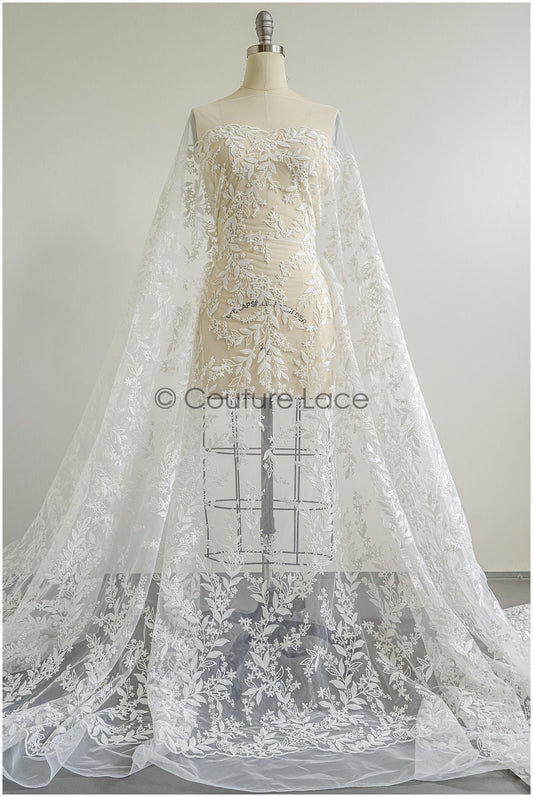 Romántica tela de encaje floral con lentejuelas / Encaje floral de alta costura en color off-white / Delicado encaje floral // L22-458