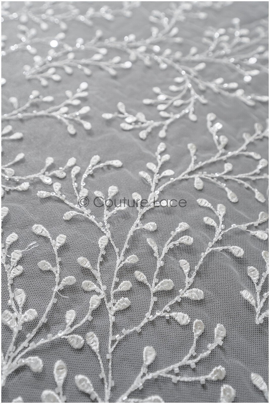Floral lace fabric with sequins/ Couture lace fabric off-white/ delicate lace fabric with branches// L22-462