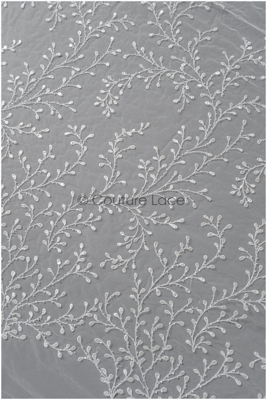 Floral lace fabric with sequins/ Couture lace fabric off-white/ delicate lace fabric with branches// L22-462