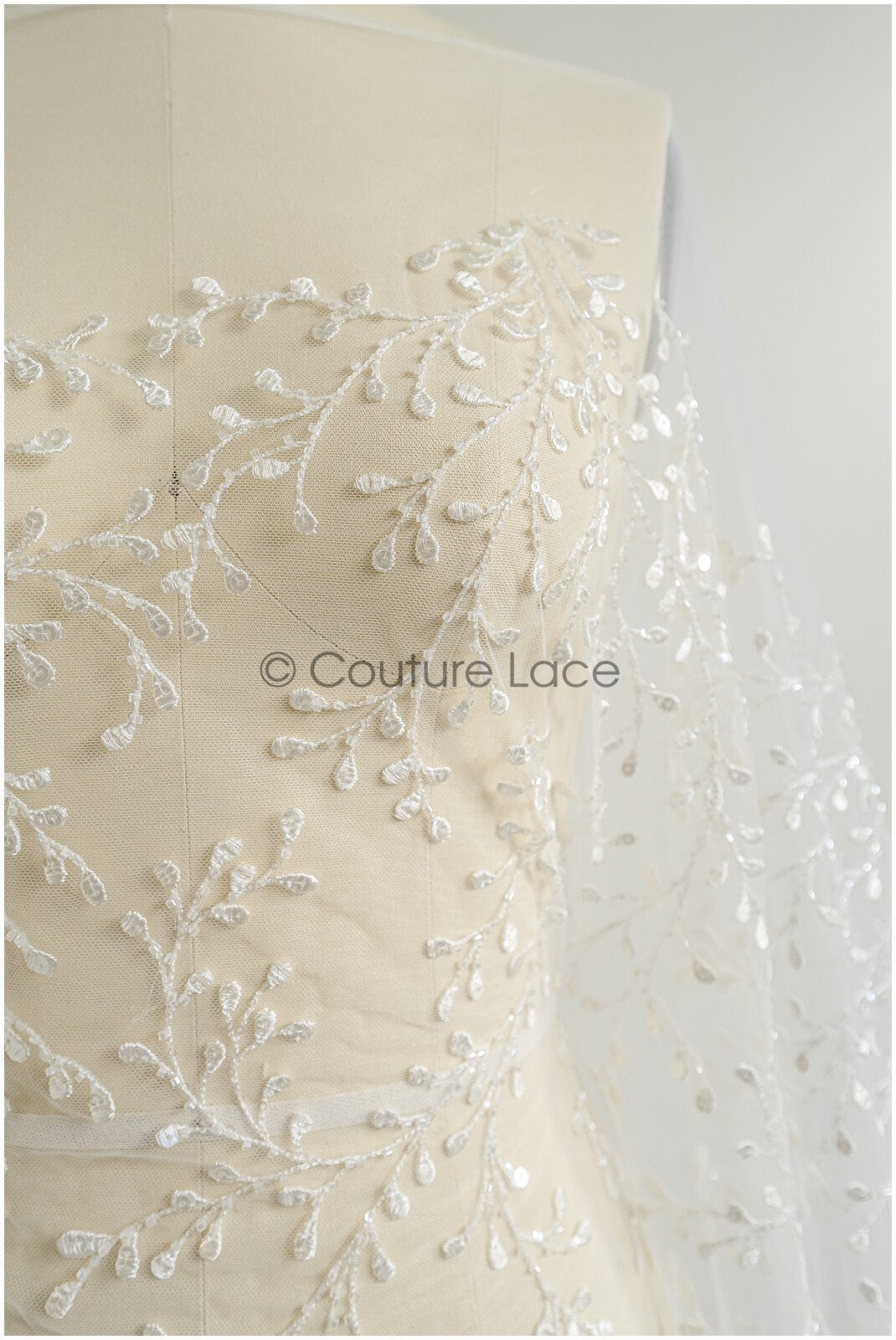 Floral lace fabric with sequins/ Couture lace fabric off-white/ delicate lace fabric with branches// L22-462