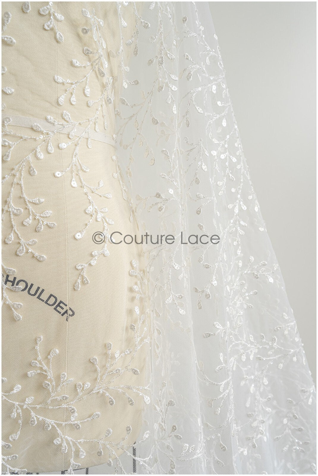 Floral lace fabric with sequins/ Couture lace fabric off-white/ delicate lace fabric with branches// L22-462