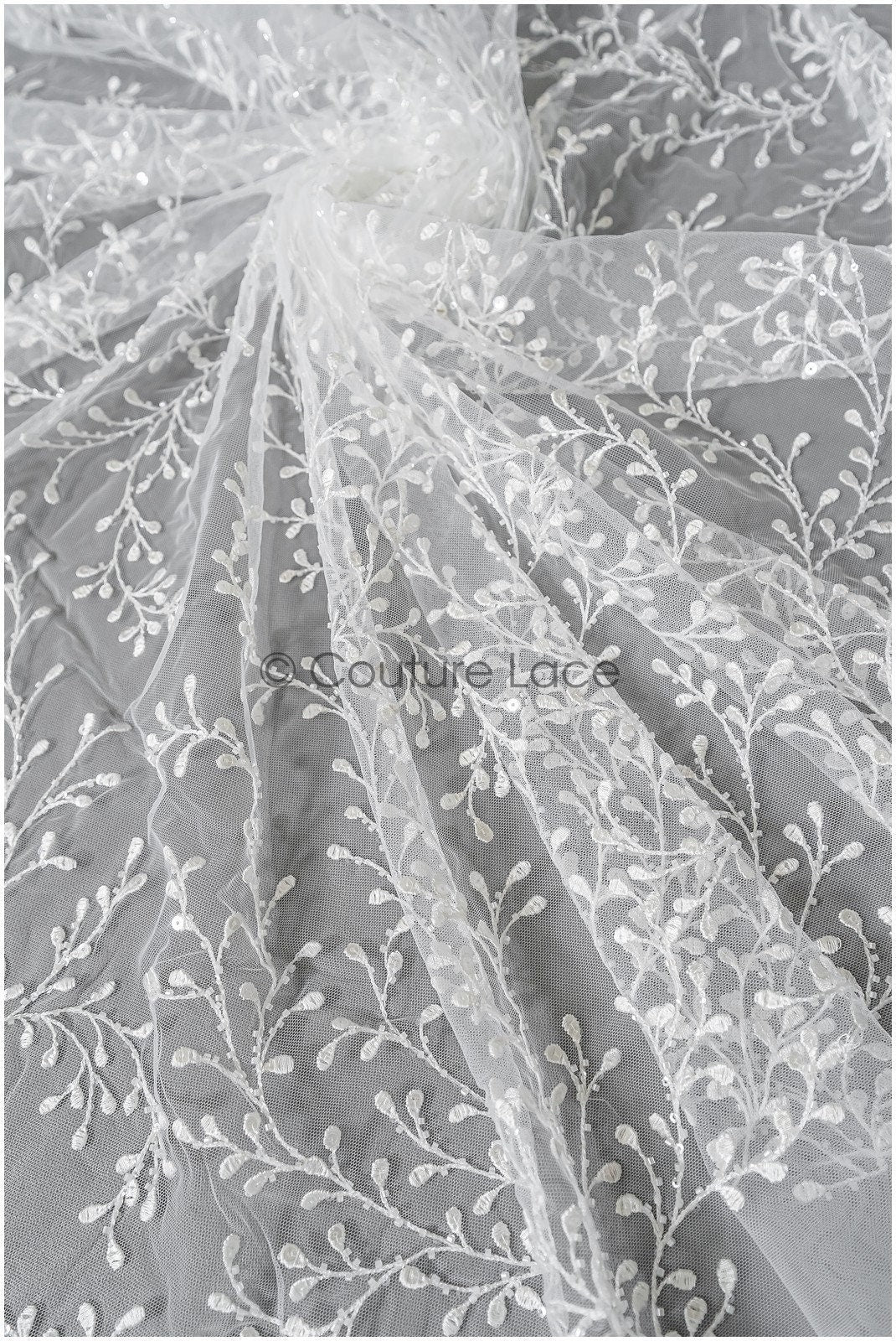 Floral lace fabric with sequins/ Couture lace fabric off-white/ delicate lace fabric with branches// L22-462