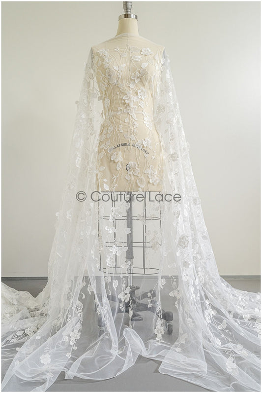 Beautiful 3D flower lace fabric/ Bridal couture lace fabric with pearls/ Bridal lace with branches & leaves// L22-463