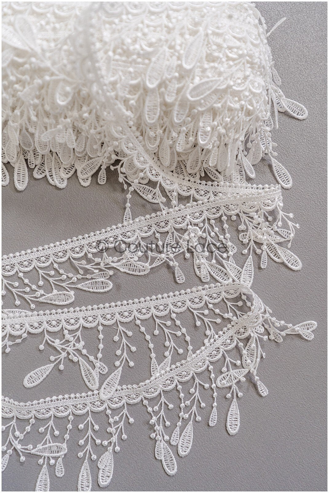 5yds Fringe Boho Lace Trim/ Off-White Crocheted Lace Trim/ Bridal Guipure Lace// T22-181