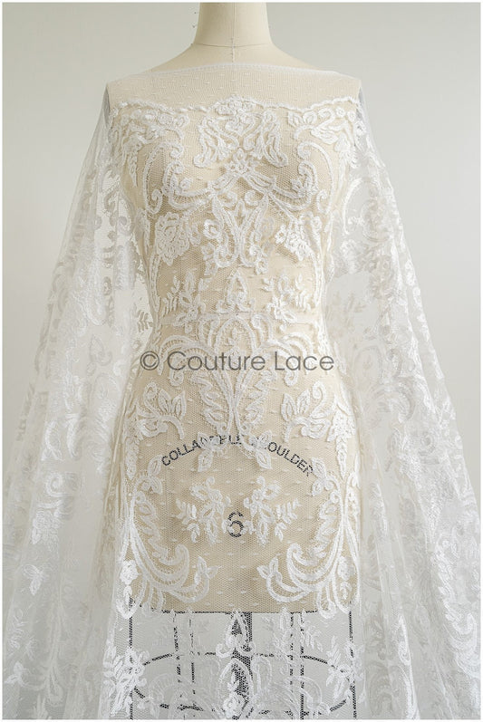 Beau tissu de dentelle blanc cassé / base de tulle à pois / tissu de dentelle Couture / dentelle de mariée Boho / / L22-271B
