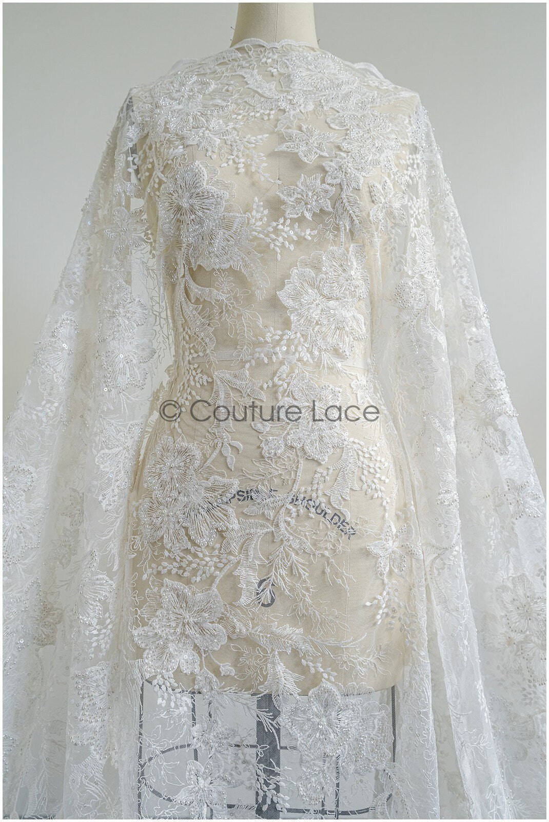 Pearl lace fabric/ bridal couture lace fabric with pearls and sequins/ bridal lace// L22-421