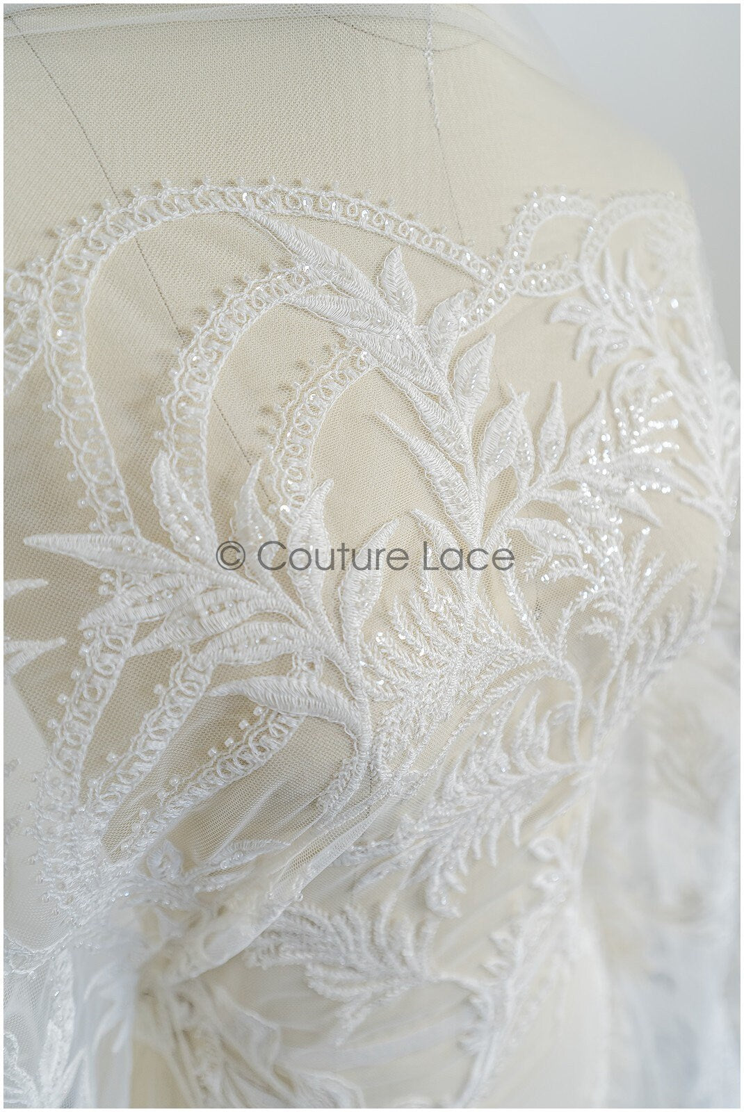 Perlen Spitzenstoff Off-White/ Couture Spitzenstoff mit Perlen/ Braut Spitzenstoff/ Perlen Spitze// L22-422OW