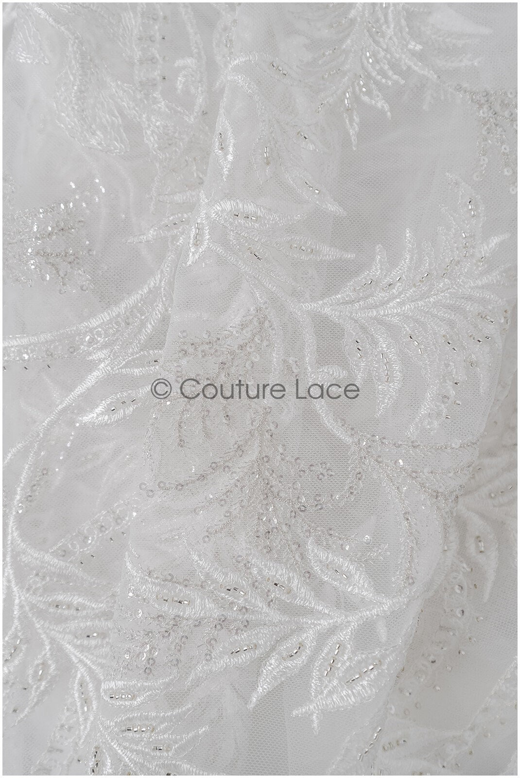 Wunderschöner Perlen Spitzenstoff Off-White Silber/ Couture Spitzenstoff mit Perlen & Pailletten/ Brautspitze mit Ästen & Blättern// L22-422SI