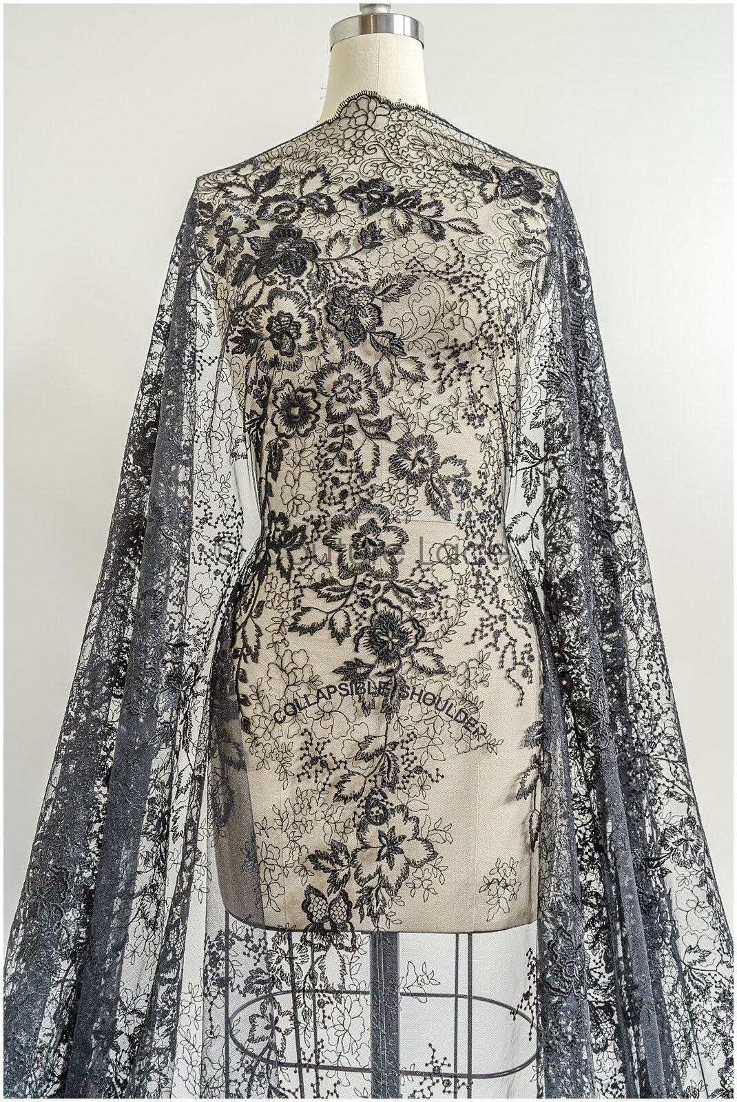romantic black bridal lace fabric with floral pattern/ floral couture lace fabric/ black bridal flower embroidered lace// L22-433BL