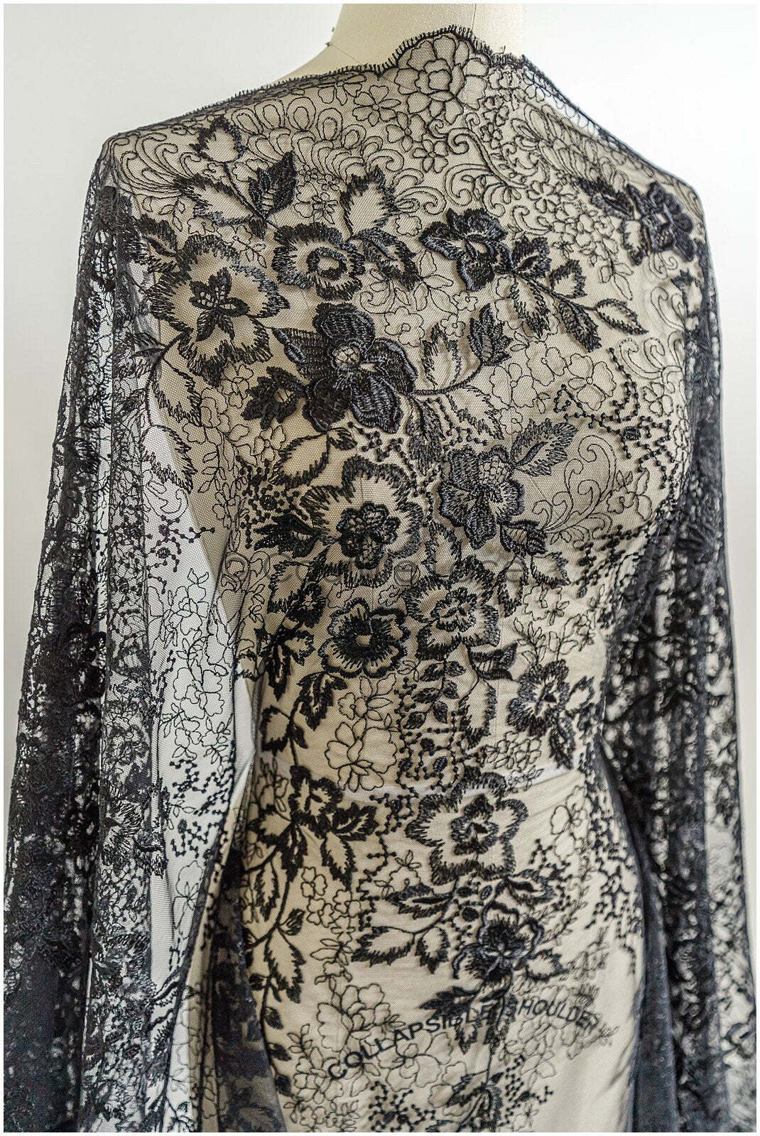 romantic black bridal lace fabric with floral pattern/ floral couture lace fabric/ black bridal flower embroidered lace// L22-433BL