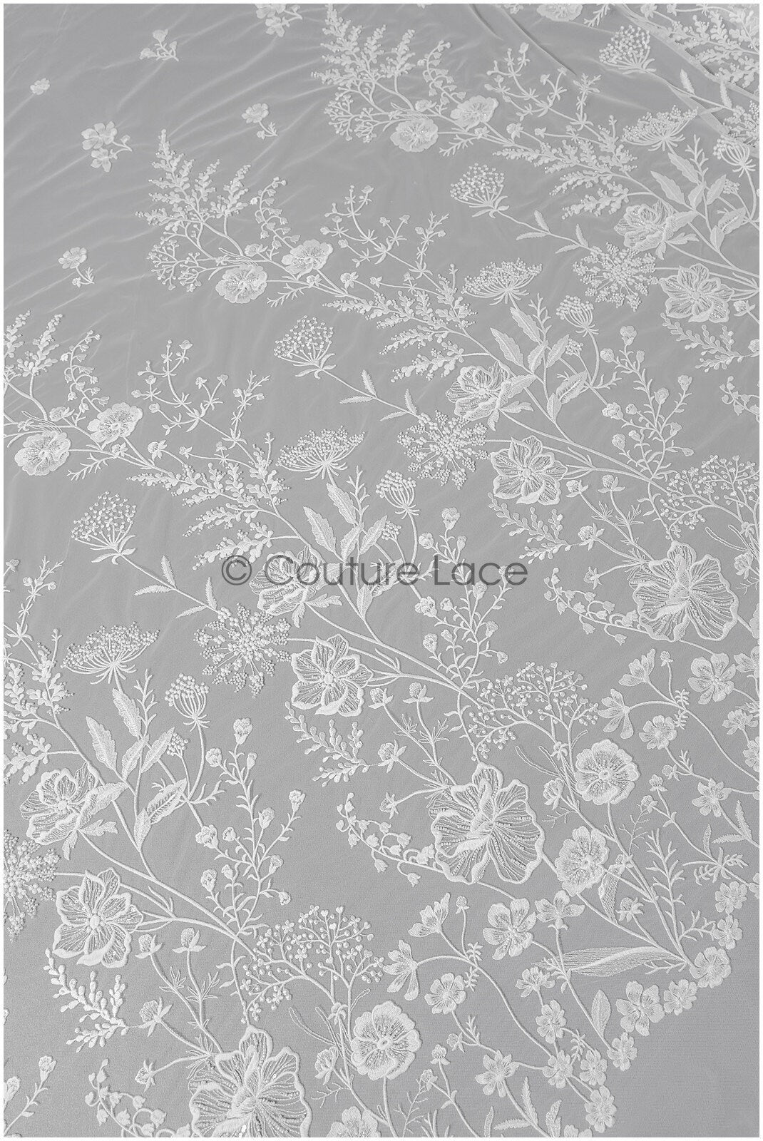 Wildflower lace fabric off-white/ Bridal couture lace fabric with pearls & sequins/ Bridal lace with branches & leaves// L22-435