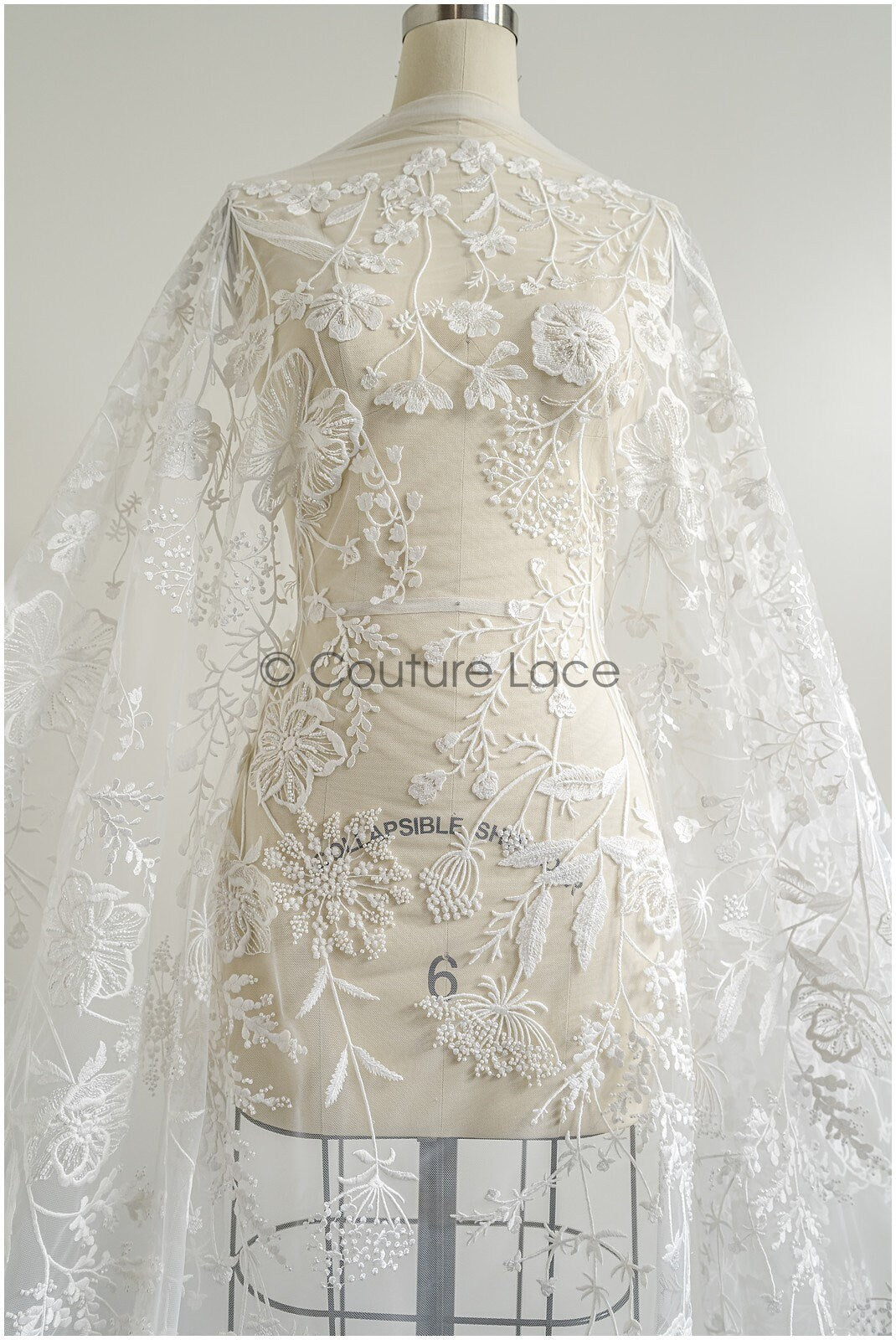 Wildflower lace fabric off-white/ Bridal couture lace fabric with pearls & sequins/ Bridal lace with branches & leaves// L22-435