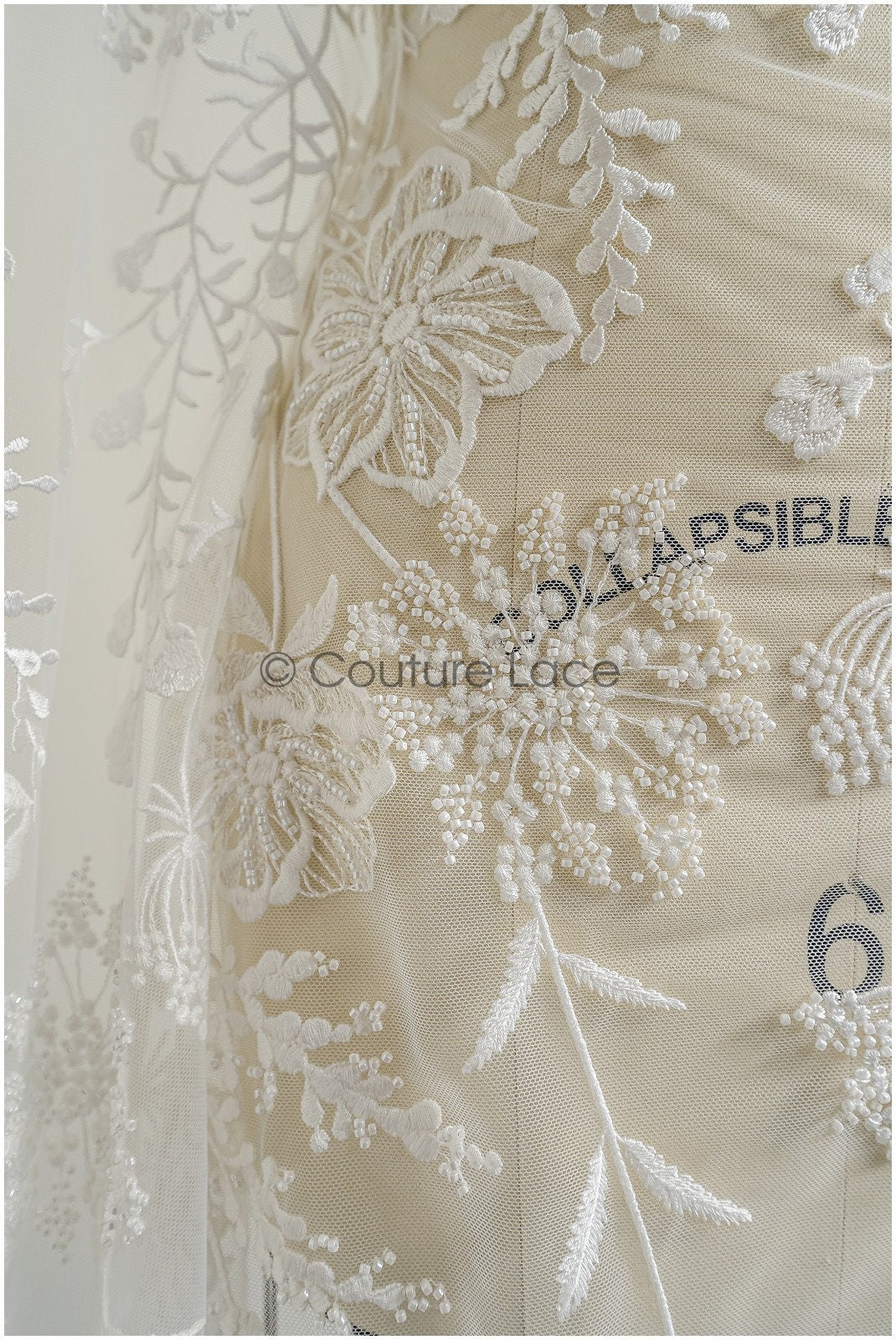 Wildflower lace fabric off-white/ Bridal couture lace fabric with pearls & sequins/ Bridal lace with branches & leaves// L22-435