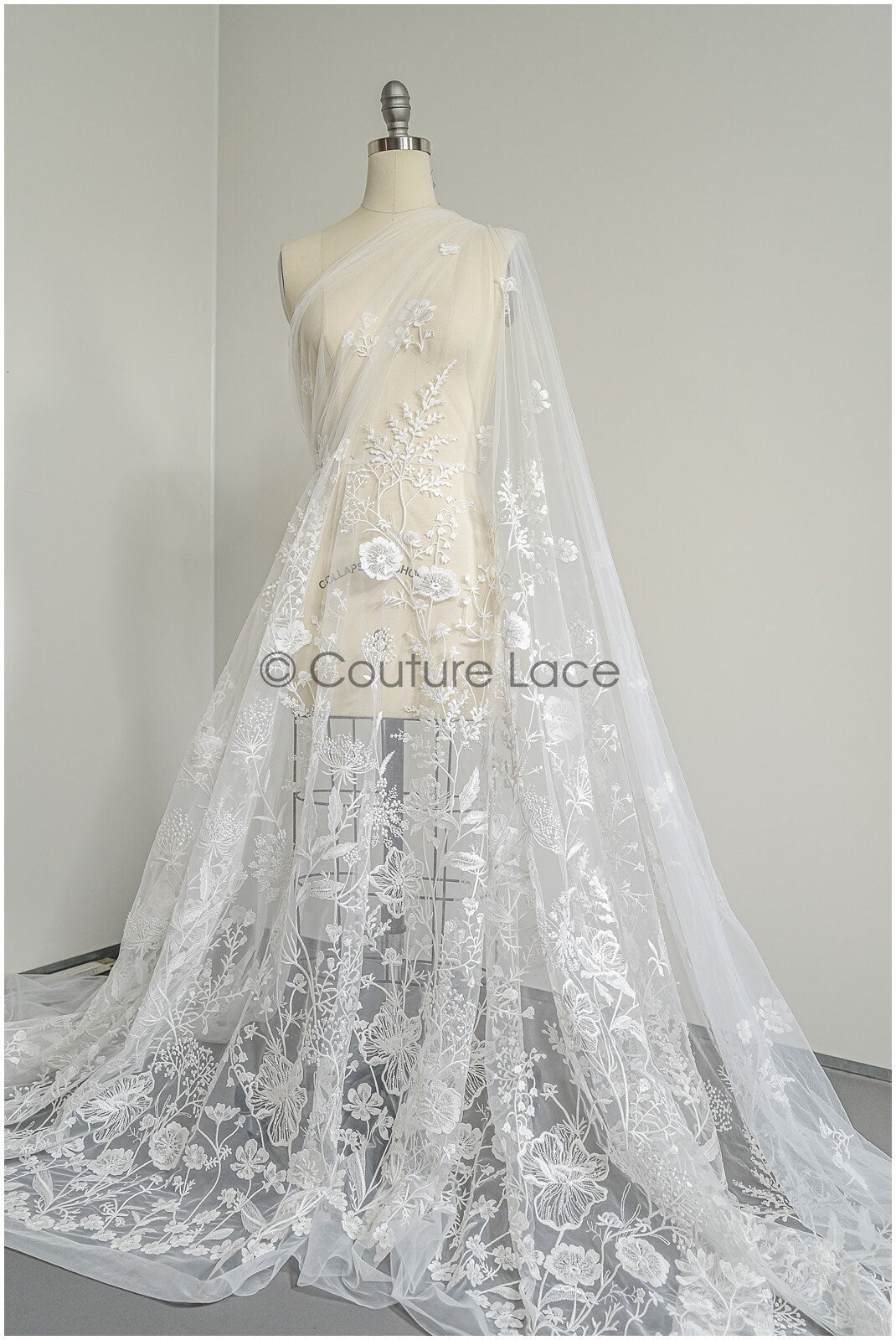 Wildflower lace fabric off-white/ Bridal couture lace fabric with pearls & sequins/ Bridal lace with branches & leaves// L22-435