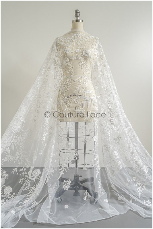 Wildblumen Spitzenstoff Off-White/ Braut Couture Spitzenstoff mit Perlen & Pailletten/ Brautspitze mit Ästen & Blättern// L22-435