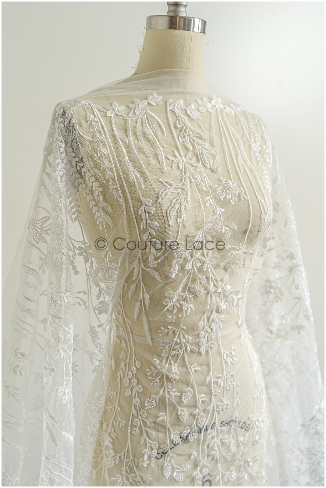 Wildflower lace fabric off-white/ Bridal wildflower couture lace fabric with pearls/ Bridal lace with branches & leaves// L22-436