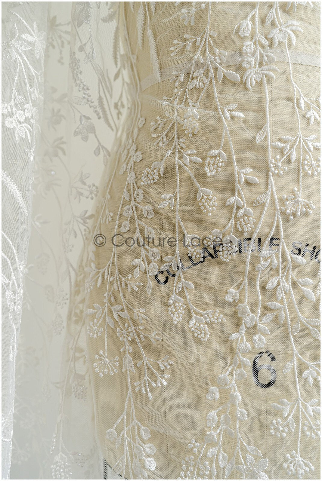 Wildflower lace fabric off-white/ Bridal wildflower couture lace fabric with pearls/ Bridal lace with branches & leaves// L22-436