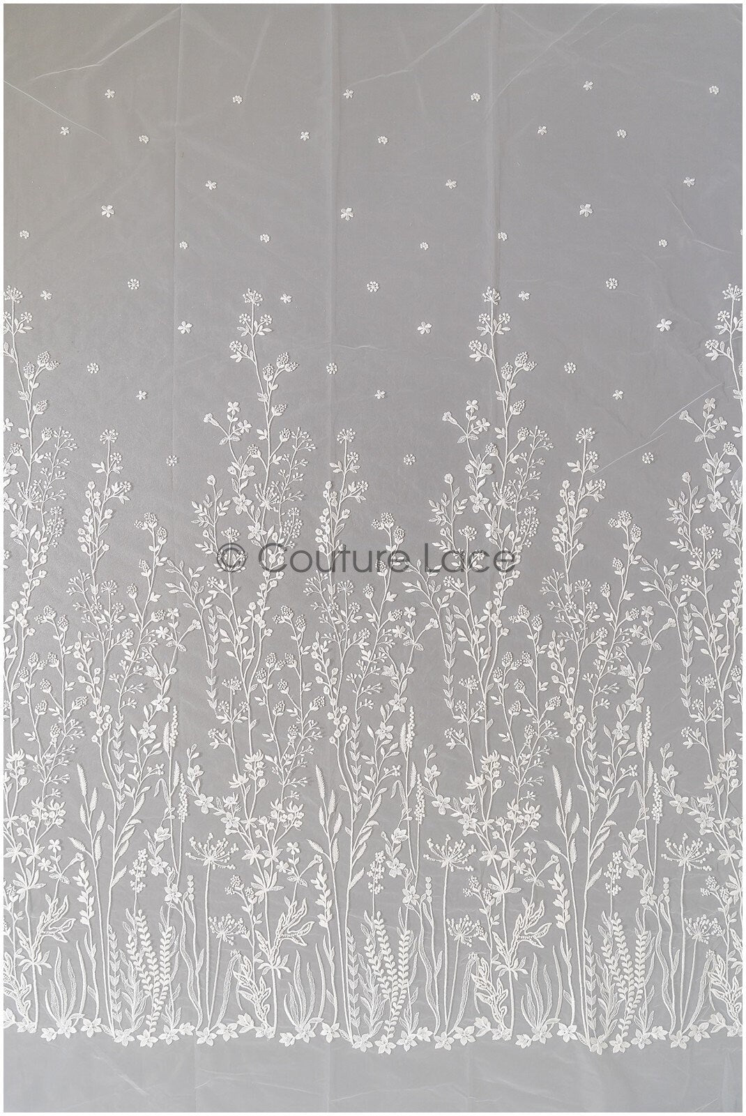 Wildflower lace fabric off-white/ Bridal wildflower couture lace fabric with pearls/ Bridal lace with branches & leaves// L22-436