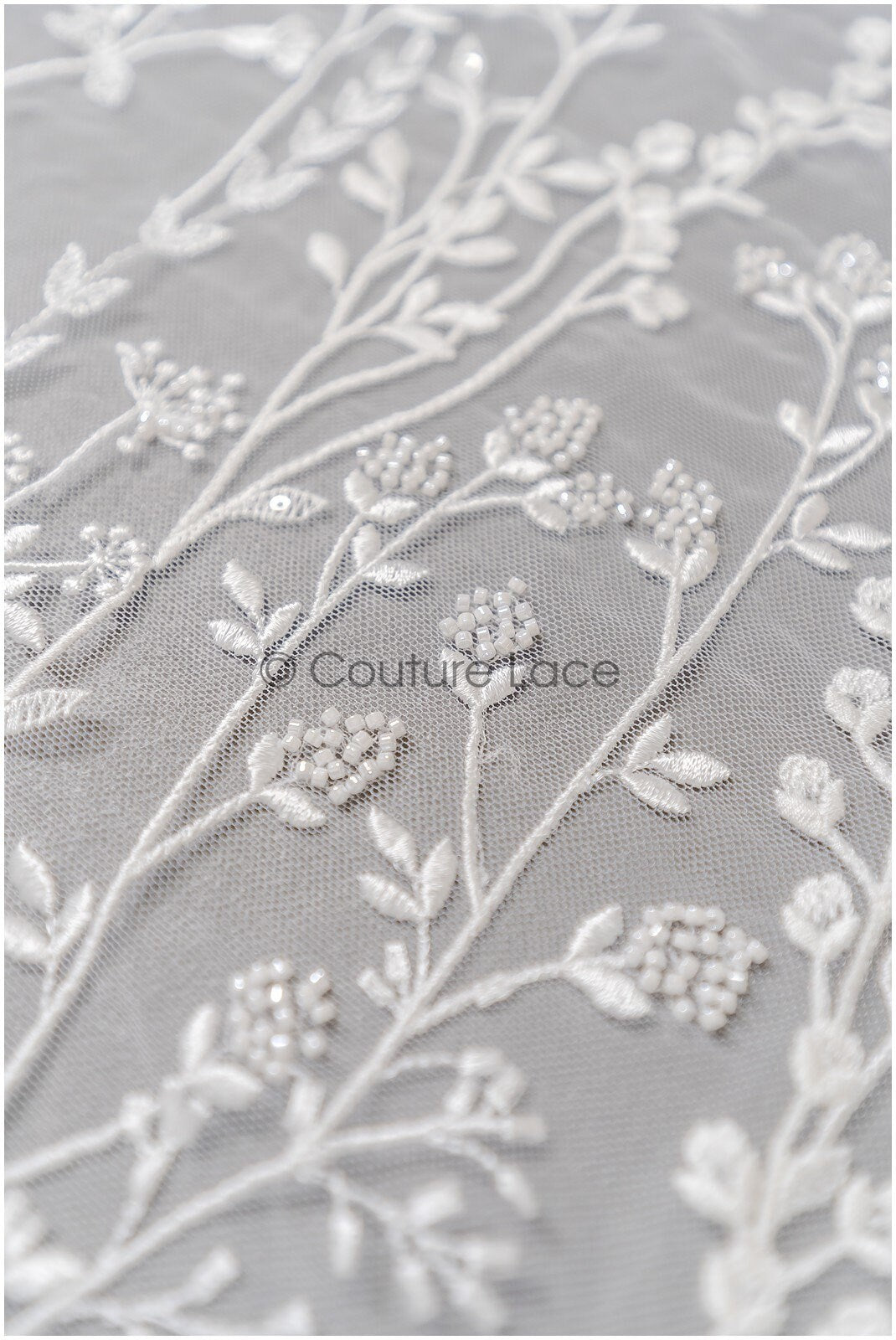 Wildflower lace fabric off-white/ Bridal wildflower couture lace fabric with pearls/ Bridal lace with branches & leaves// L22-436