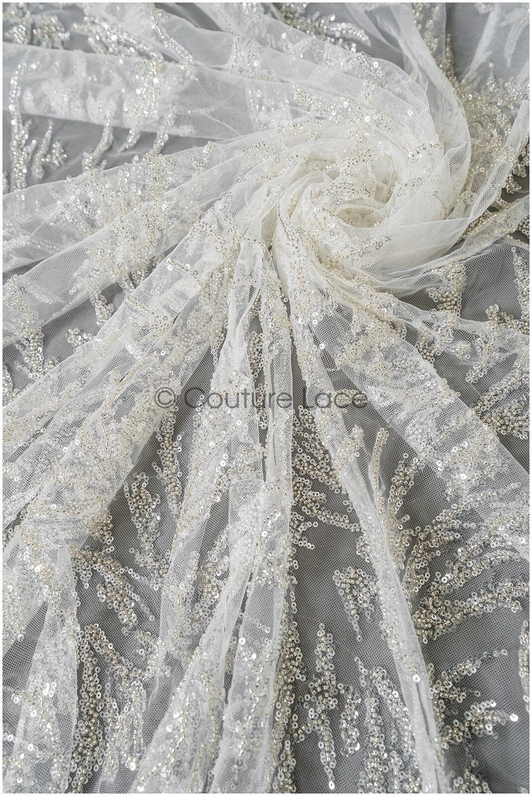 Schwere Perlen Brautspitze Silber/ Couture Spitzenstoff/ Perlenhochzeitsspitze mit Silberperlen// L22-445