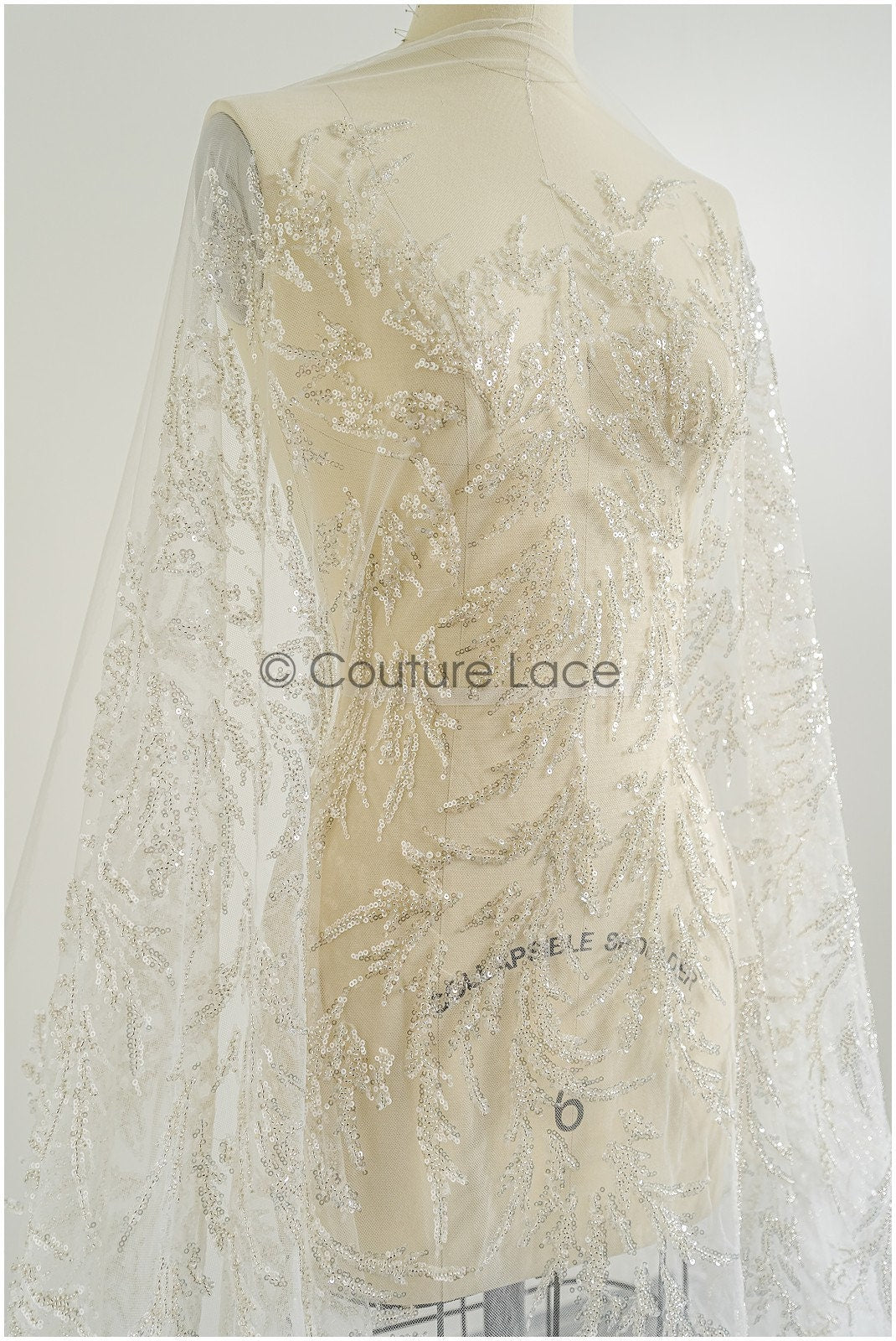 Schwere Perlen Brautspitze Silber/ Couture Spitzenstoff/ Perlenhochzeitsspitze mit Silberperlen// L22-445
