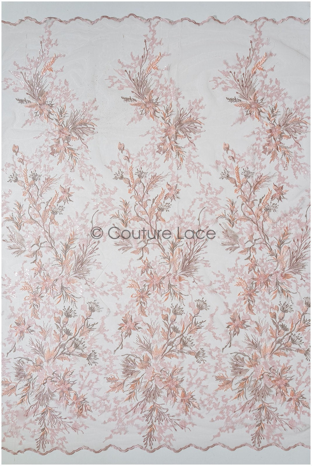 romantischer rosa-rosa Spitzenstoff mit floralem Muster/ floraler Couture Spitzenstoff/ lachsfarbener bestickter Spitzenstoff// L22-443