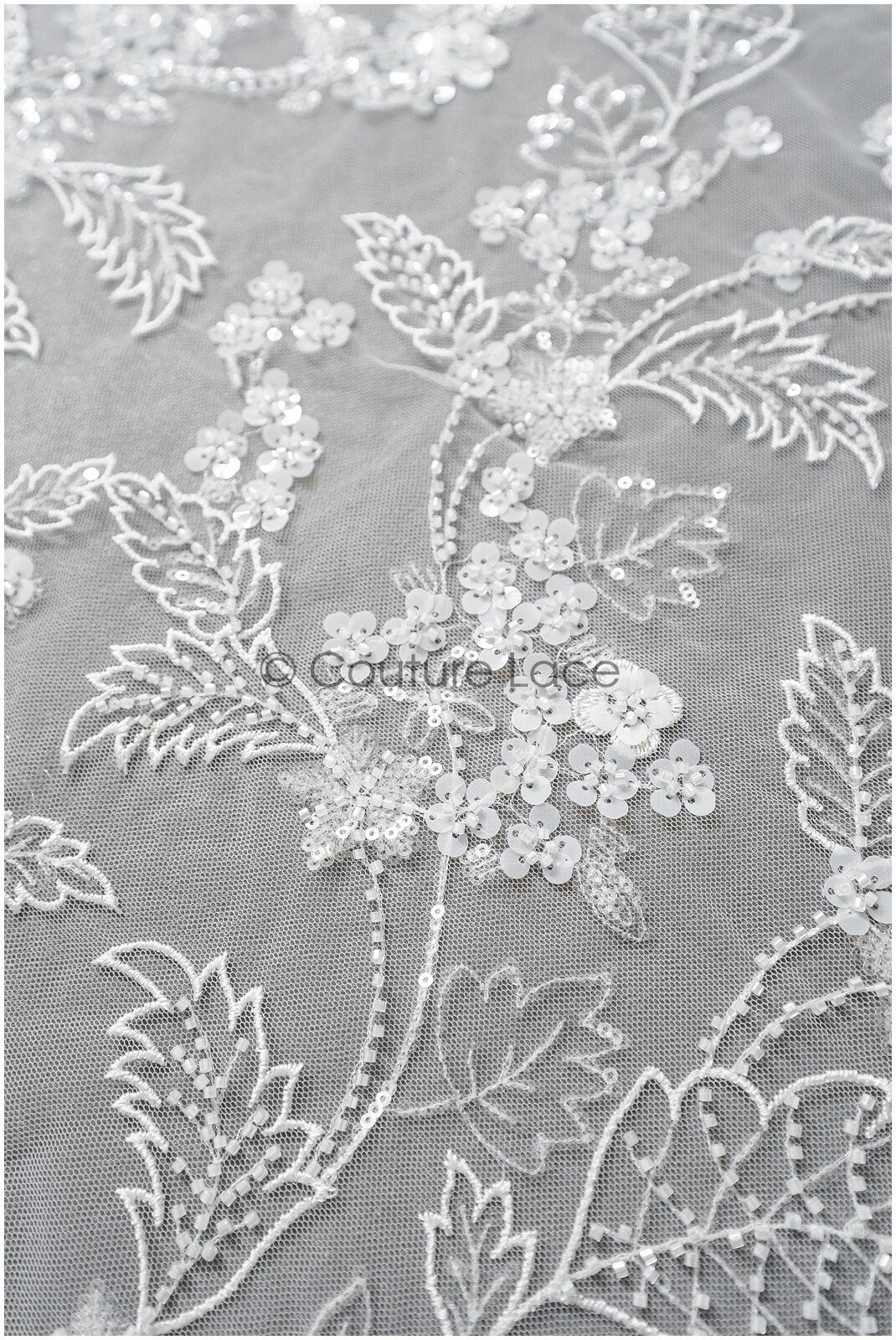Floral pearl lace fabric off-white/ Couture lace fabric with pearls & sequins/ Bridal lace with flowers// L22-450