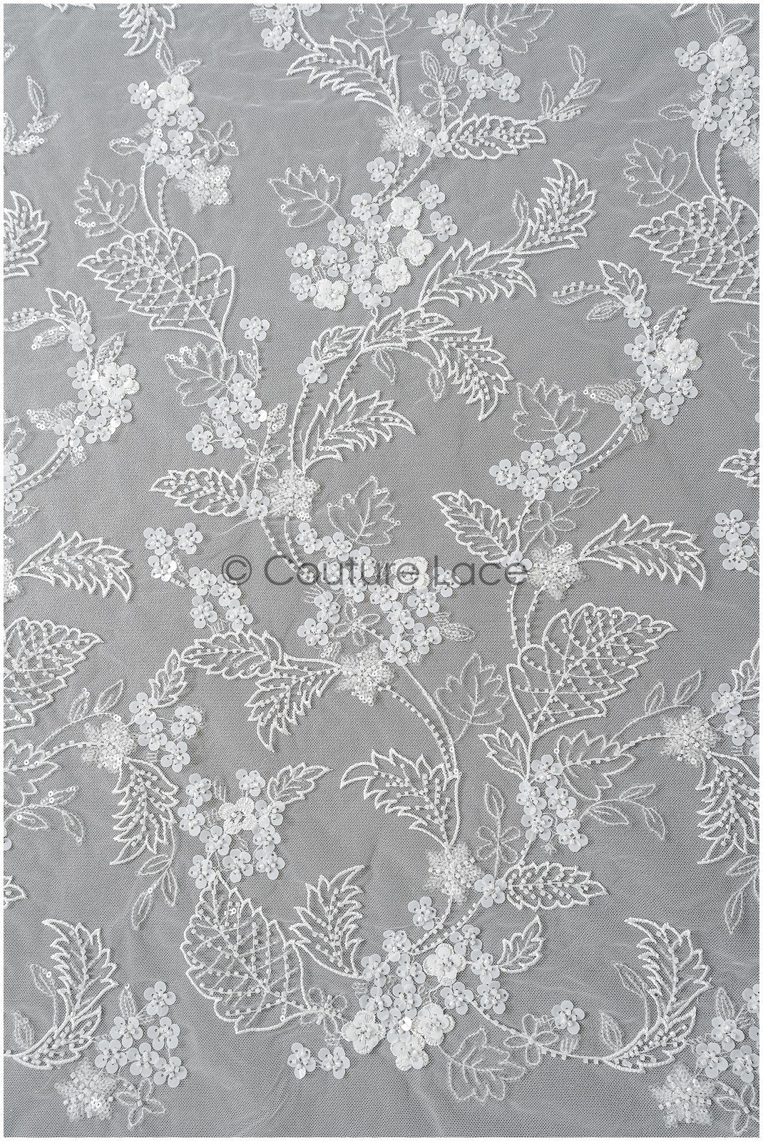 Floral pearl lace fabric off-white/ Couture lace fabric with pearls & sequins/ Bridal lace with flowers// L22-450