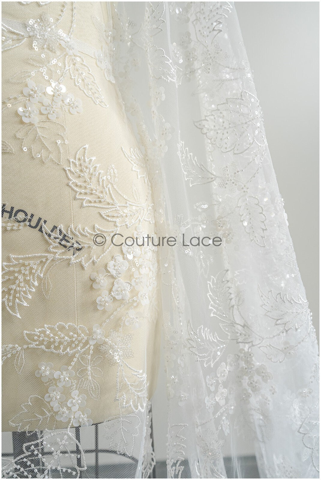 Floral pearl lace fabric off-white/ Couture lace fabric with pearls & sequins/ Bridal lace with flowers// L22-450