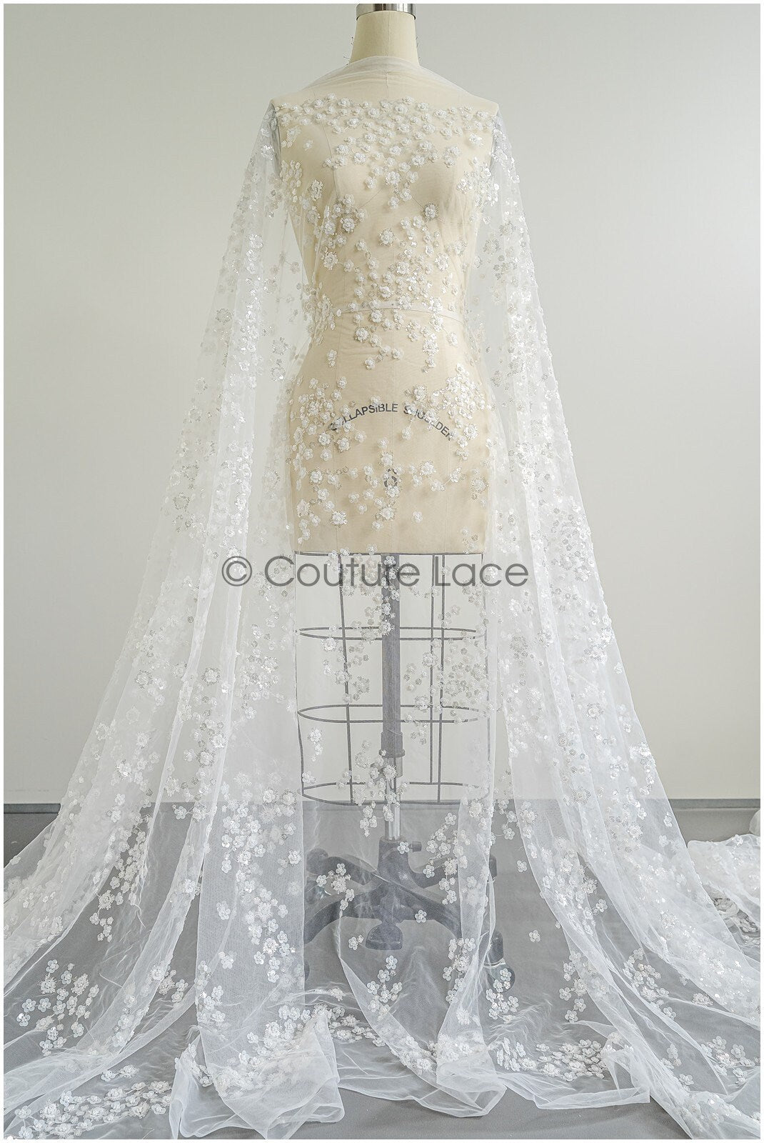 Floral pearl lace fabric off-white silver/ Bridal lace fabric with pearls & sequins/ Bridal lace with flowers// L22-451