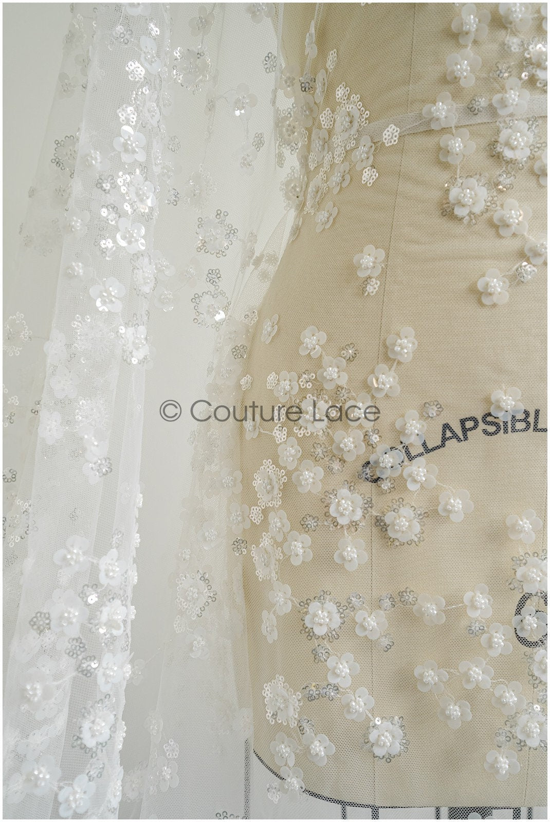 Floral pearl lace fabric off-white silver/ Bridal lace fabric with pearls & sequins/ Bridal lace with flowers// L22-451