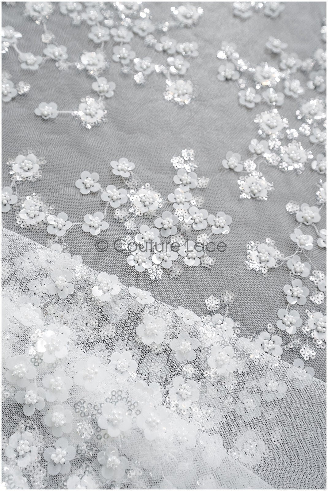 Floral pearl lace fabric off-white silver/ Bridal lace fabric with pearls & sequins/ Bridal lace with flowers// L22-451