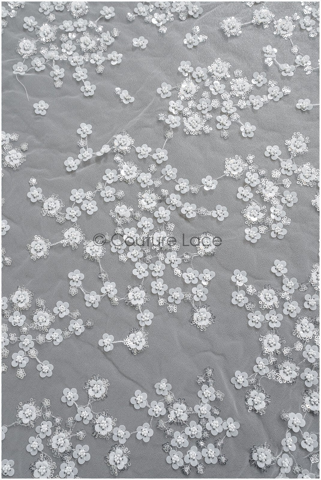 Floral pearl lace fabric off-white silver/ Bridal lace fabric with pearls & sequins/ Bridal lace with flowers// L22-451